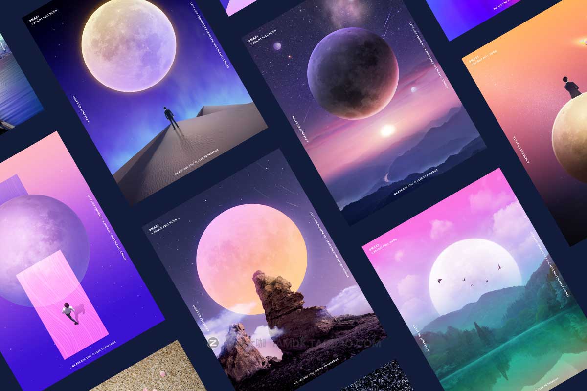 21款创意公司企业室内圆形星球天体挂画海报主视觉KV设计PSD模板源文件 Creative Planet Poster Template插图
