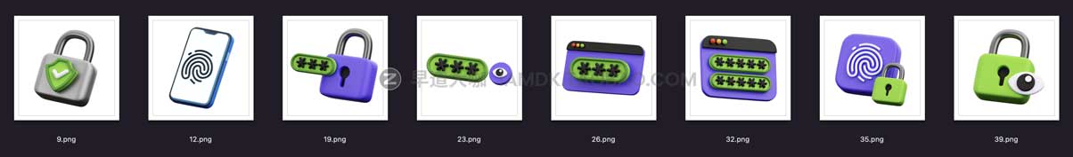 8款3D密码安全指纹登陆生物识别图标Icons设计素材包 Password Security 3D Objects插图1