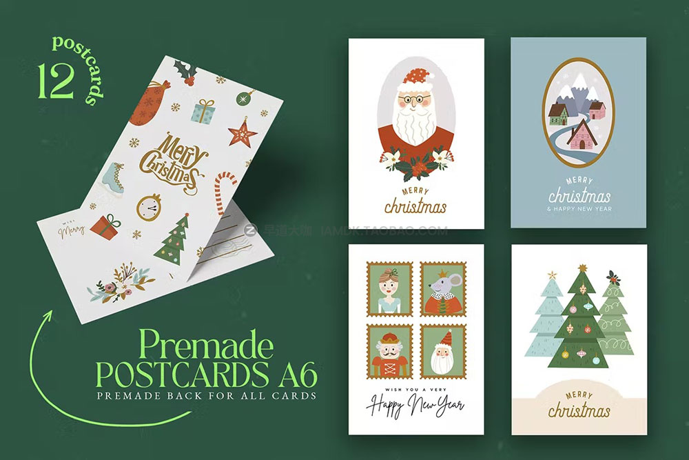 12张手绘圣诞老人圣诞节新年贺卡明信片设计AI矢量设计素材 Christmas Clipart Card Set插图3