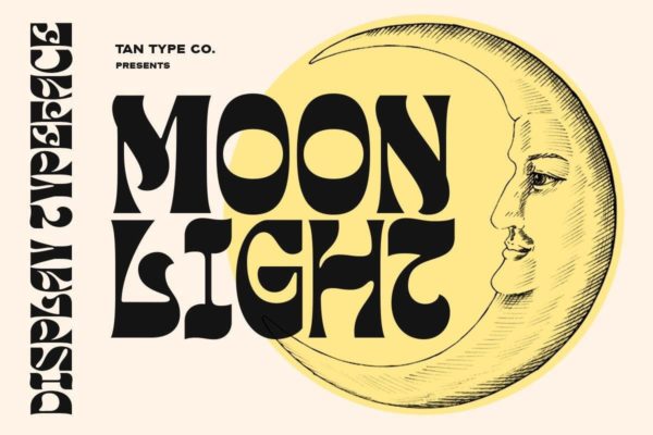 60年代复古酸性逆反差Y2K怪诞字母标题Logo设计PSAI英文字体安装包 TAN – MOONLIGHT Font