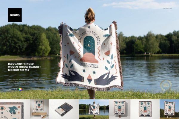 7款时尚提花流苏针织编织毛毯毯子印花图案设计PS智能贴图样机模板 Fringed Woven Throw Blanket Mockup 5