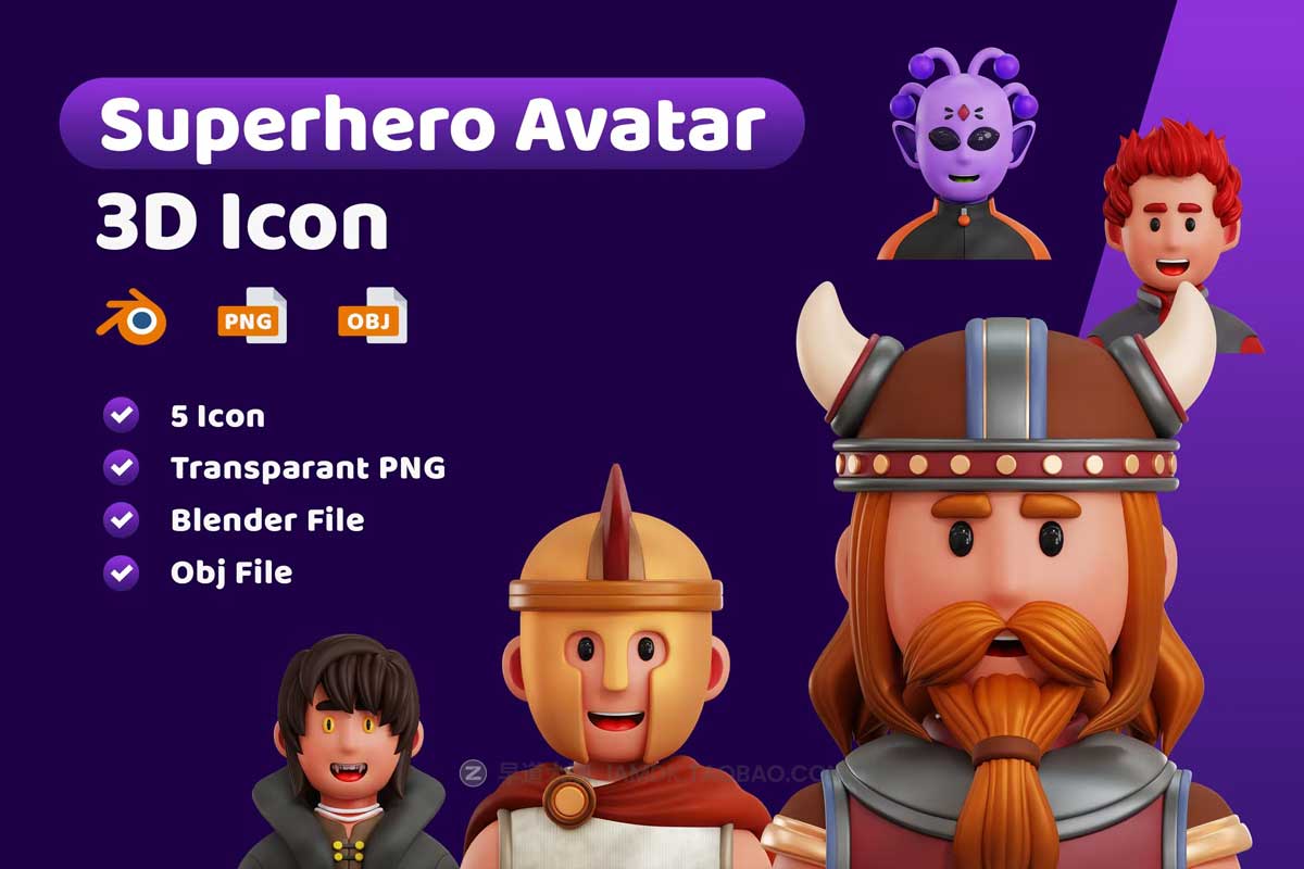 40款卡通有趣游戏超级英雄人物头像肖像3D图标Icons设计素材 Superhero Avatar 3D Icon插图2