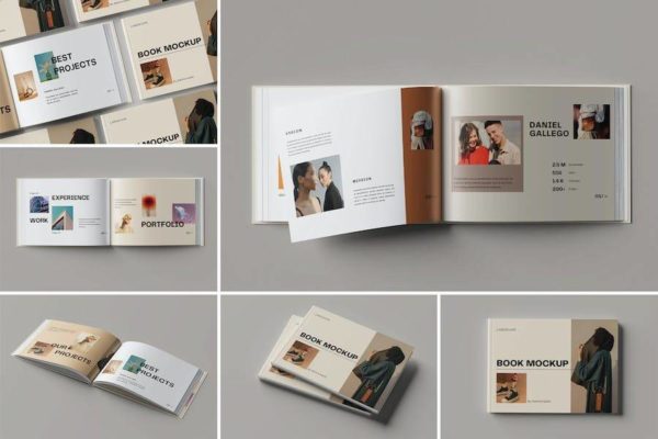 6款简约横版精装书籍画册封面设计PS智能贴图展示效果图样机模板 Landscape Book Mockup