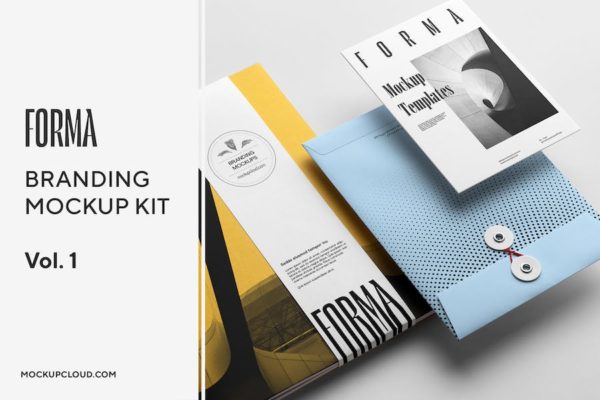 9款时尚文艺品牌VI设计画册信封文件袋名片展示效果图PSD样机模板 Forma Branding Mockup Vol. 1