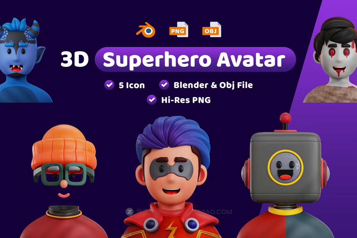 40款卡通有趣游戏超级英雄人物头像肖像3D图标Icons设计素材 Superhero Avatar 3D Icon插图3