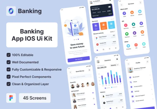 45+屏现代简约银行金融理财资产管理软件APP界面设计Figma模板素材包 Bankoo – Banking Mobile App UI Kit