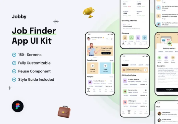 150+屏现代简约人力资源招聘求职APP软件界面设计Figma模板素材 Jobby – Job Finder App UI Kit