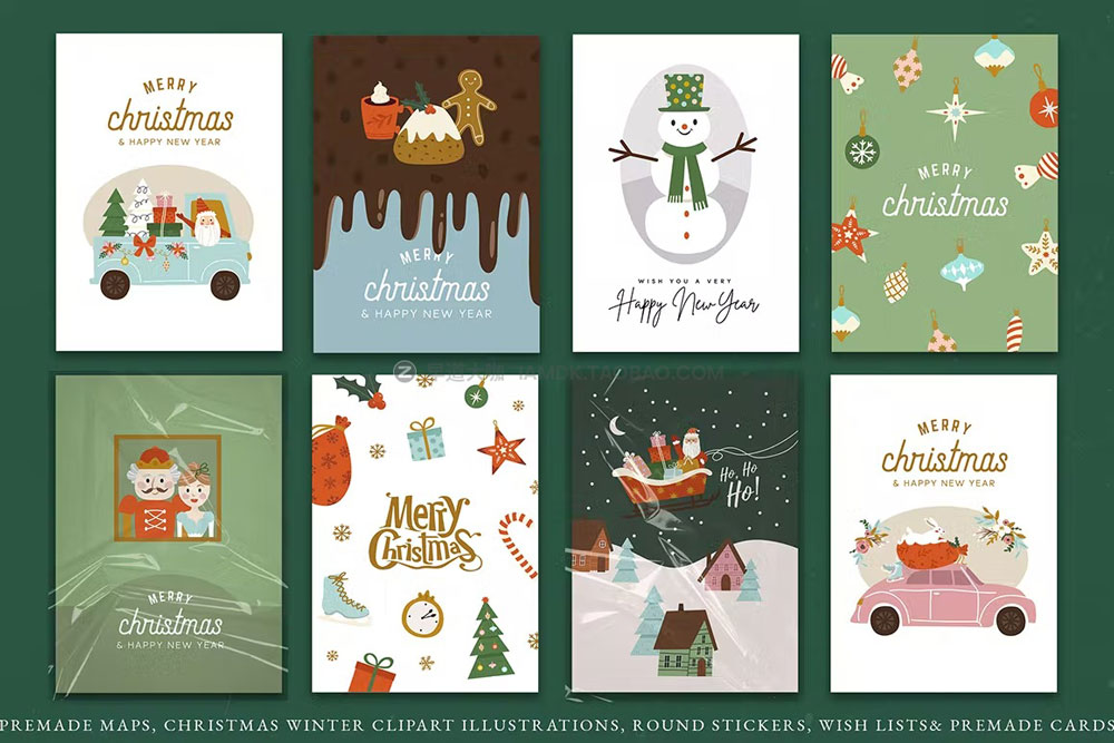12张手绘圣诞老人圣诞节新年贺卡明信片设计AI矢量设计素材 Christmas Clipart Card Set插图2