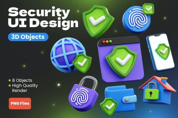 8款网络安全指纹密码登陆生物识别3D图标Icons设计素材 Security UI Design 3D Objects