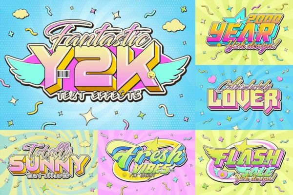 6款复古3D立体Y2K风怀旧海报封面标题品牌Logo设计 Y2k Text Effects