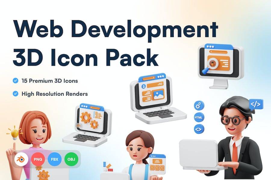 15款卡通网站开发程序网络科技3D插图图标Icons设计素材 Web Development 3D Illustration