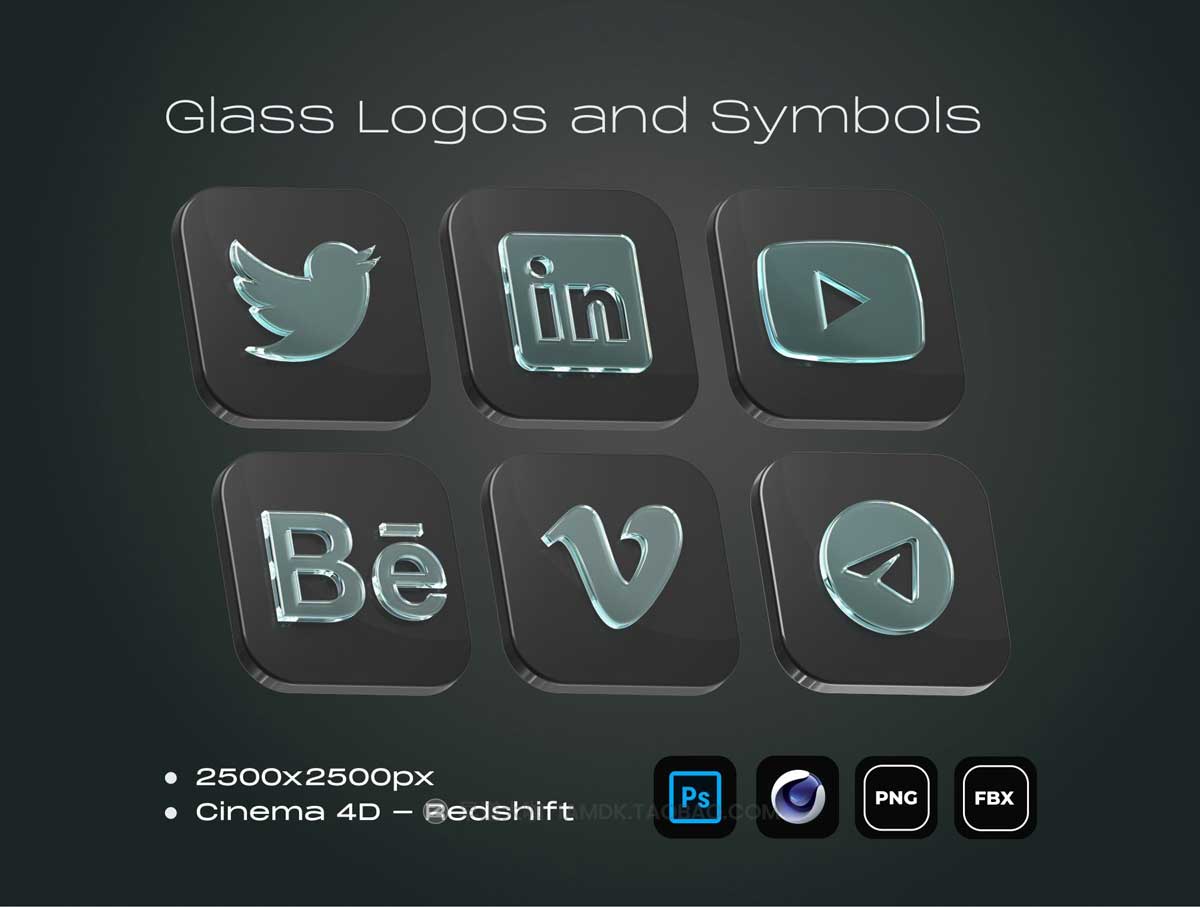 20款高级亚克力玻璃3D图标Icon标志Logo设计素材C4D模型&PSD分层文件 Glass Logos and Symbols插图