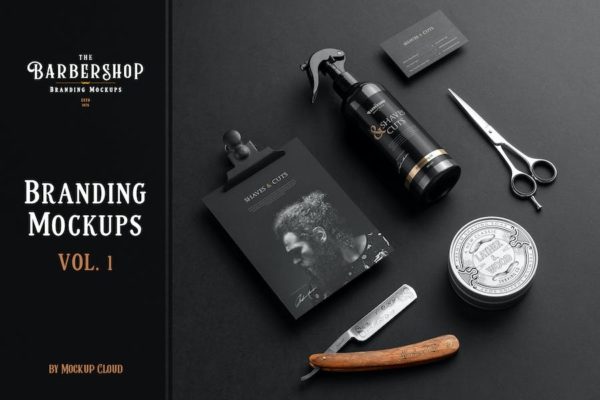 14款高级理发店美发品牌VI设计名片包装瓶工具展示PS样机模板素材 Barbershop Branding Mockups Vol. 1