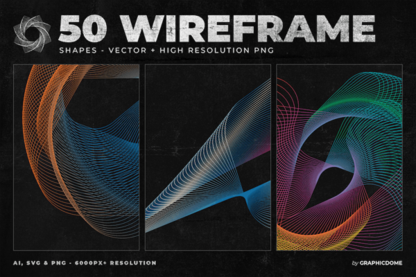 50款现代时尚3D几何网格线框编织扭曲波浪抽象艺术背景底纹AI矢量设计素材 50 Wireframe Vector & PNG Shapes