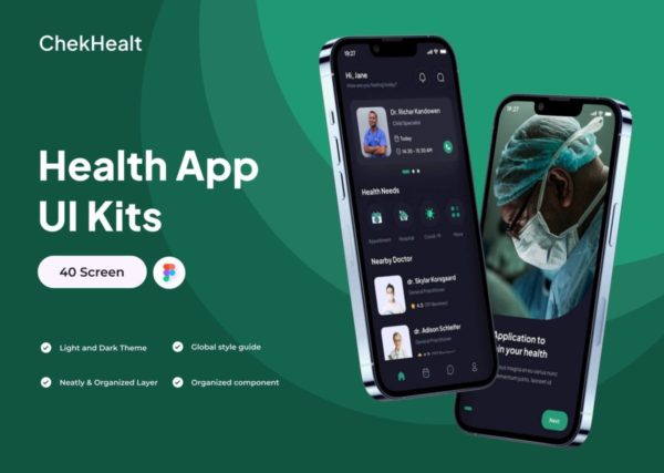 40屏健康医疗保健医院在线就诊挂号软件APP用户界面设计UI套件素材 ChekHealt – Health Apps UI Kits