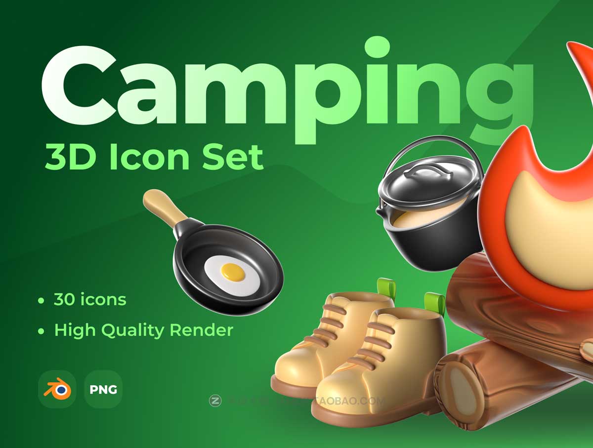 30款卡通创意徒步旅游野营露营3D图标Icons设计素材合集 3D Icon Set — Camping and Travel插图