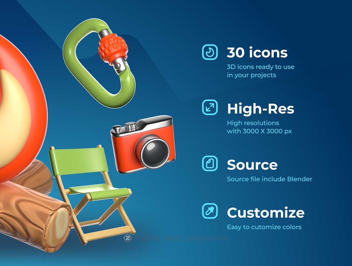 30款卡通创意徒步旅游野营露营3D图标Icons设计素材合集 3D Icon Set — Camping and Travel插图1
