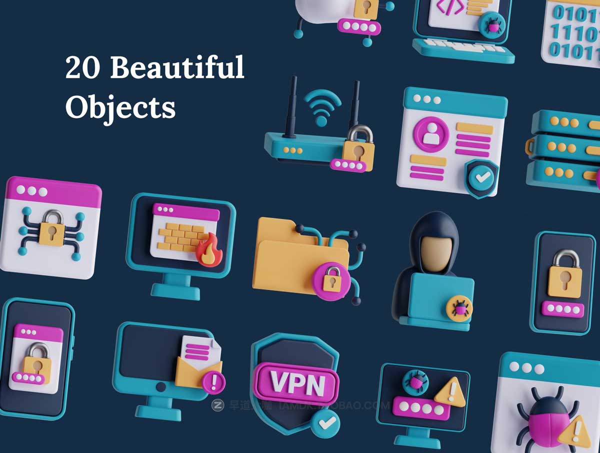 20个3D网络安全互联网科技插图图标Icons设计素材合集 Cyber Security 3D Icon Set插图5