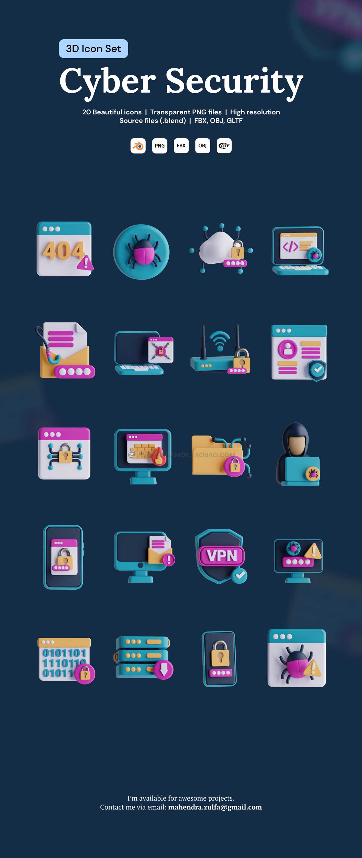 20个3D网络安全互联网科技插图图标Icons设计素材合集 Cyber Security 3D Icon Set插图7