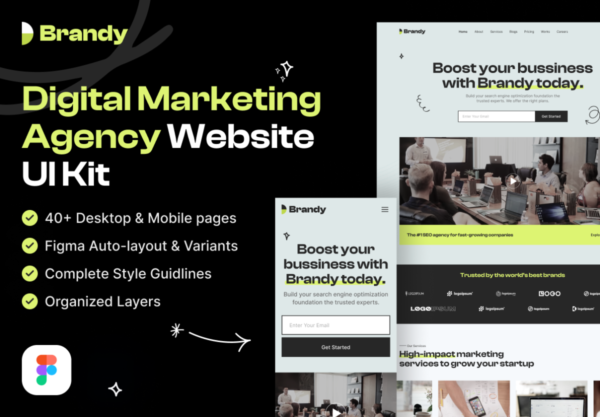 40+专业简洁数字营销创意工作室网站界面设计Figma模板素材套件 Brandy – Digital Marketing Agency Website UI Kit
