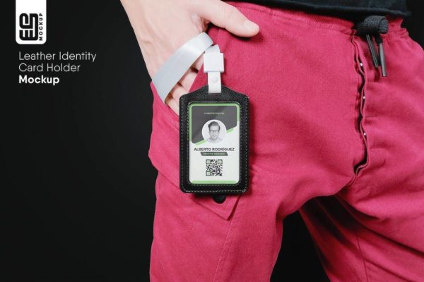 6款时尚皮质工作证工牌IC卡挂绳片皮套卡套设计PS展示贴图样机模板 Leather Identity Card Holder Mockup