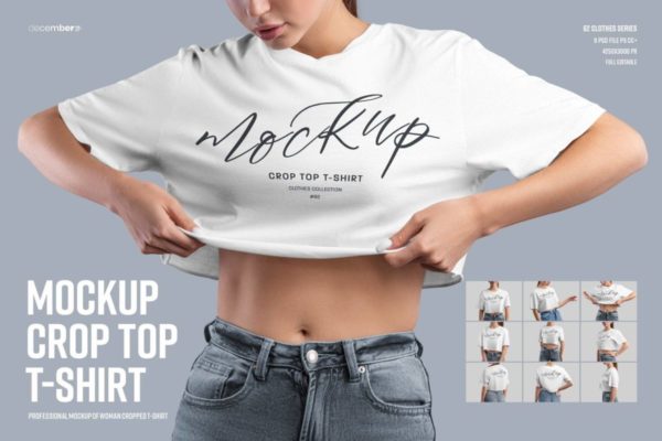 9款超短女士露脐半袖上衣印花图案设计PS展示效果图样机模板素材 9 Mockups Crop Top Woman T-shirt