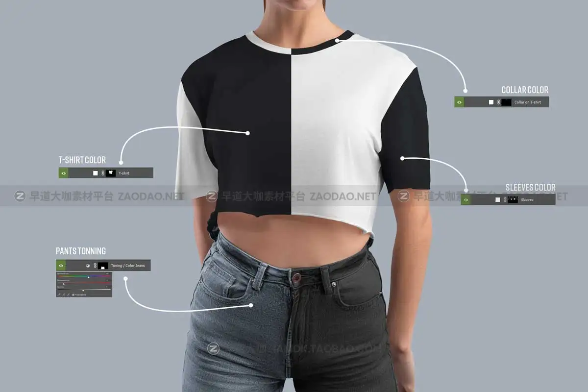 9款超短女士露脐半袖上衣印花图案设计PS展示效果图样机模板素材 9 Mockups Crop Top Woman T-shirt插图2