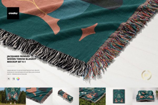 6款时尚提花流苏梭织毯毛毯纺织品印花图案设计PS展示贴图样机模板素材 Fringed Woven Throw Blanket Mockup 1