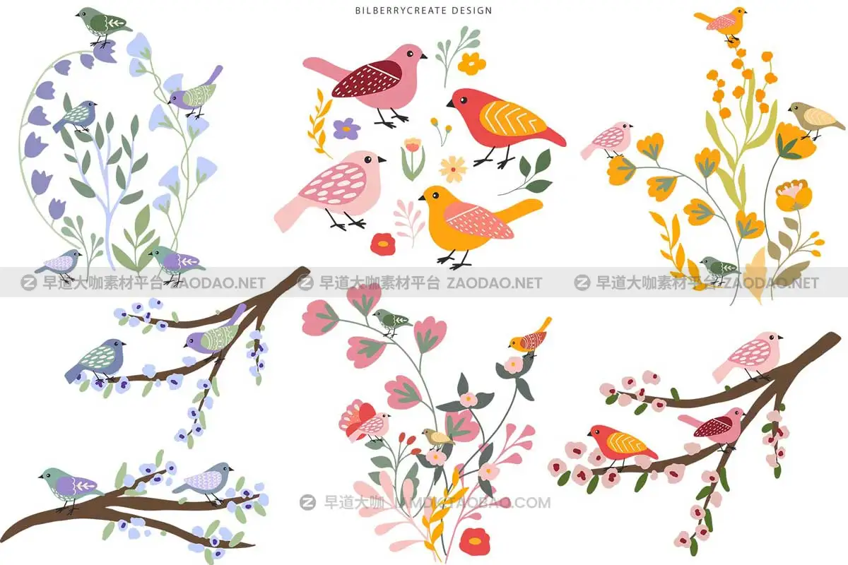59款卡通巴布亚新几内亚春季花卉鸟类手绘插画AI矢量设计素材 Early Birds Spring Art Set插图4