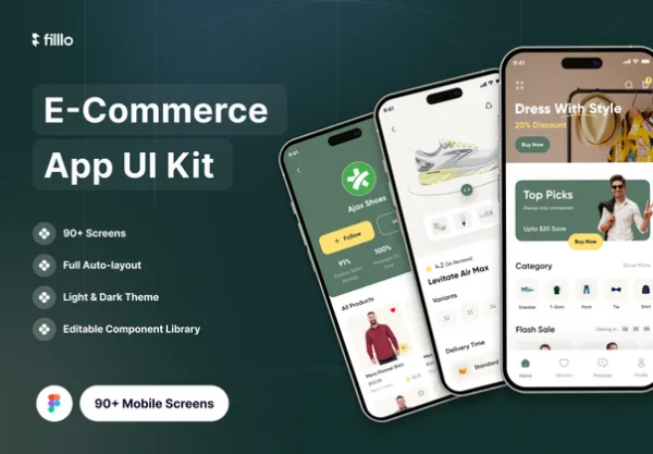 90+屏时尚电子商务在线购物商城软件APP界面设计Figma模板素材 Filllo E-commerce App UI Kit