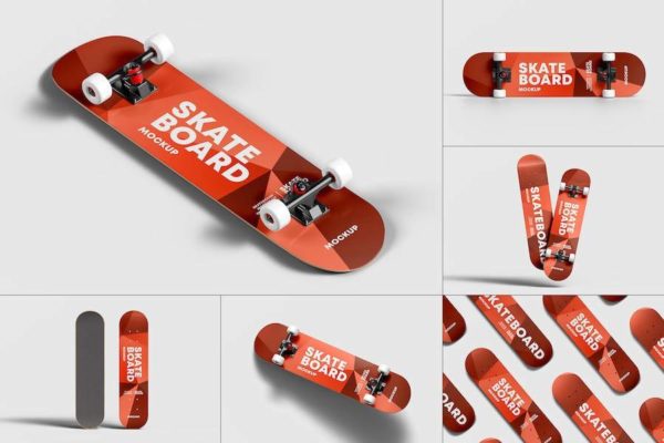 6款逼真滑板外观图案设计展示效果图PSD样机模板素材 Skateboard Mockup