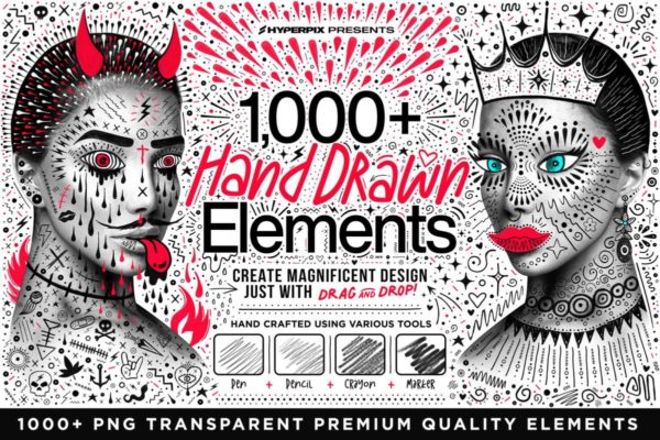 1000+款创意卡通有趣手绘涂鸦线条符号人物装饰图案PNG免抠图设计素材 Hyper Hand Drawn – 1,000+ PNG Hand Crafted Elements
