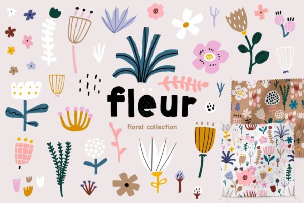 100+卡通可爱儿童婴儿植物花卉手绘插画插图AI矢量设计素材 The Fleur blossom collection