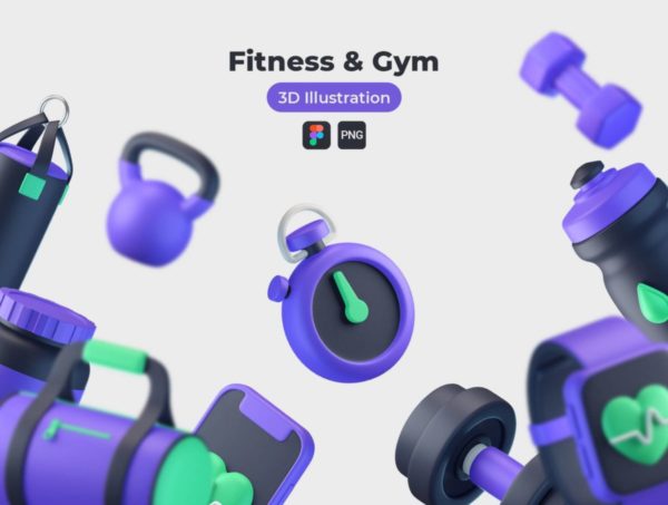 20款高级健身体育锻炼运动3D图标Icons设计素材包 Fitness and Gym 3D Icons