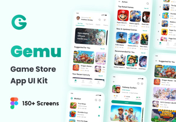 150+屏高质量游戏软件应下载用商店APP界面设计Figma模板素材 Gemu – Game Store App UI Kit