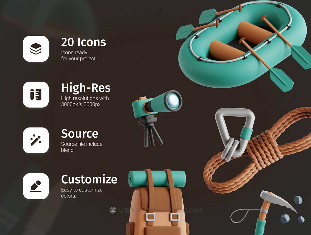 22款精美徒步旅行野营冒险运动3D图标Icons设计素材合集 Adventure Sports 3D Icon Set插图1