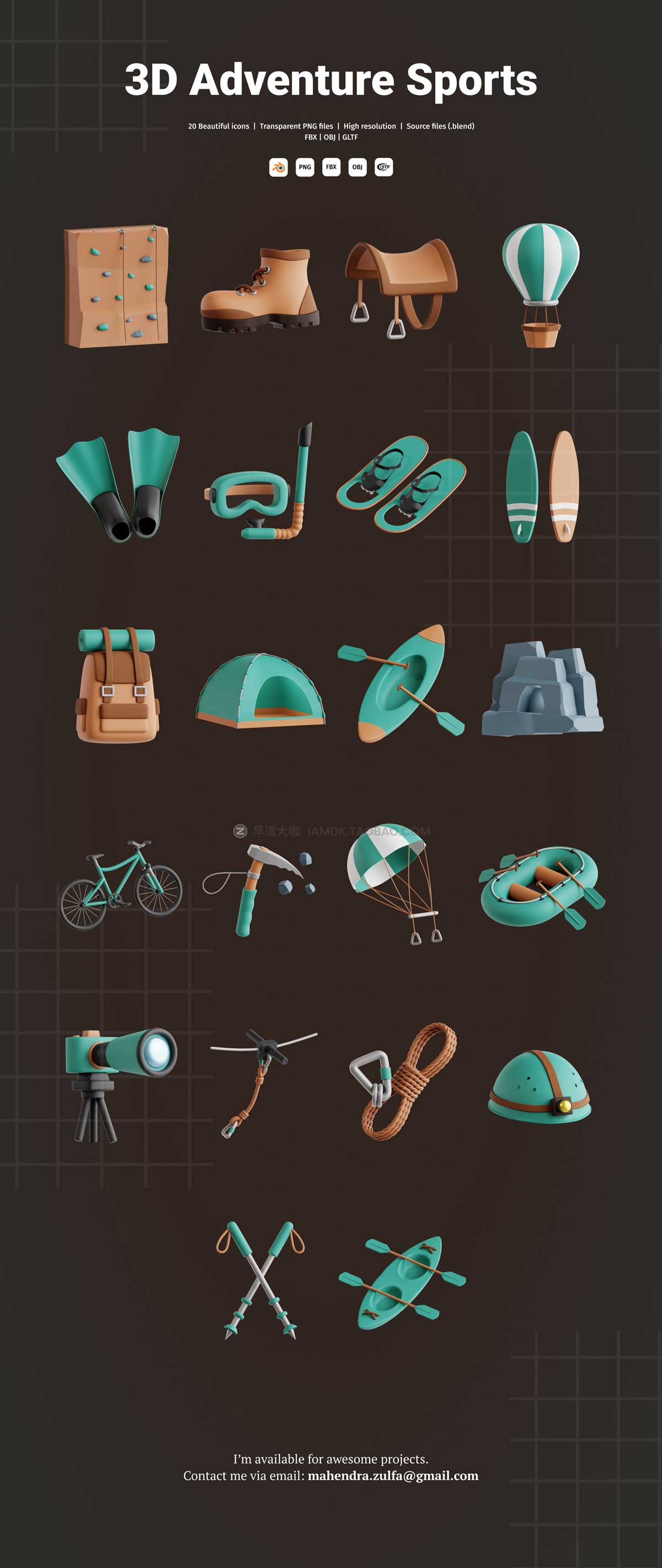 22款精美徒步旅行野营冒险运动3D图标Icons设计素材合集 Adventure Sports 3D Icon Set插图5