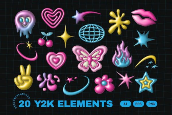 20款90年代复古Y2K风3D立体浮雕效果AI矢量插画插图设计合集 Y2K Elements Set