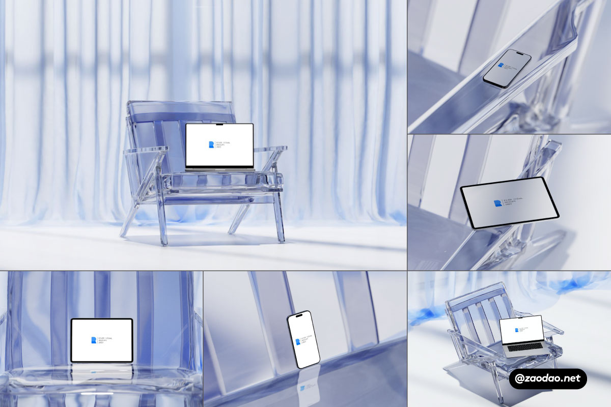 未来科幻玻璃场景苹果iPad手机iPhone 15笔记本电脑屏幕演示样机模板 Glass Glow Mockups Series插图