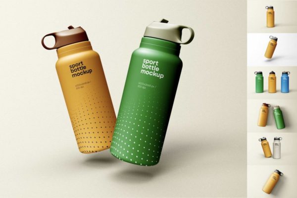 7款时尚运动铝合金保温水杯设计展示贴图PSD样机模板素材 Sport Water Bottle Mockup