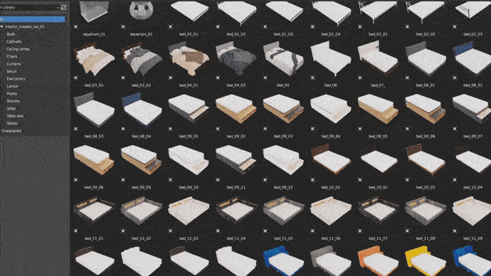 Blender 1322组室内家具床桌椅柜子沙发灯具植物3D模型插件预设 Interior Models VOL 01插图1