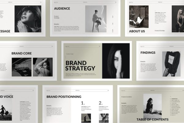 22张极简作品集品牌策划提案图文排版设计幻灯片PPT模板素材 Brand Strategy Presentation