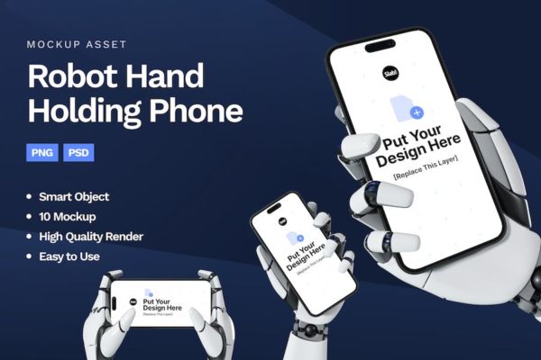 10款未来科技感机器人手臂手持苹果手机iPhone样机PSD模板素材 Robot Hand Holding Phone Mockup
