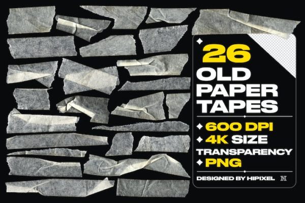 26款复古做旧6K高清撕裂损坏褶皱透明胶带贴纸PNG免抠图设计素材 26 Old Paper Tapes