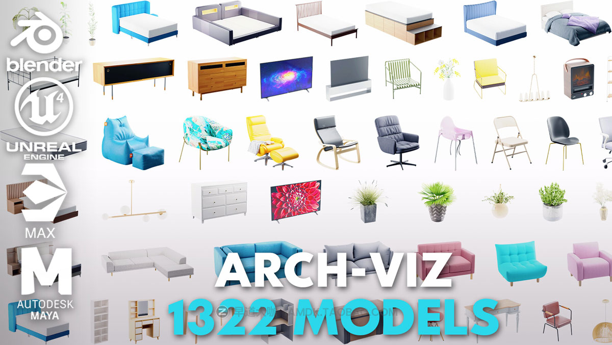 Blender 1322组室内家具床桌椅柜子沙发灯具植物3D模型插件预设 Interior Models VOL 01插图4