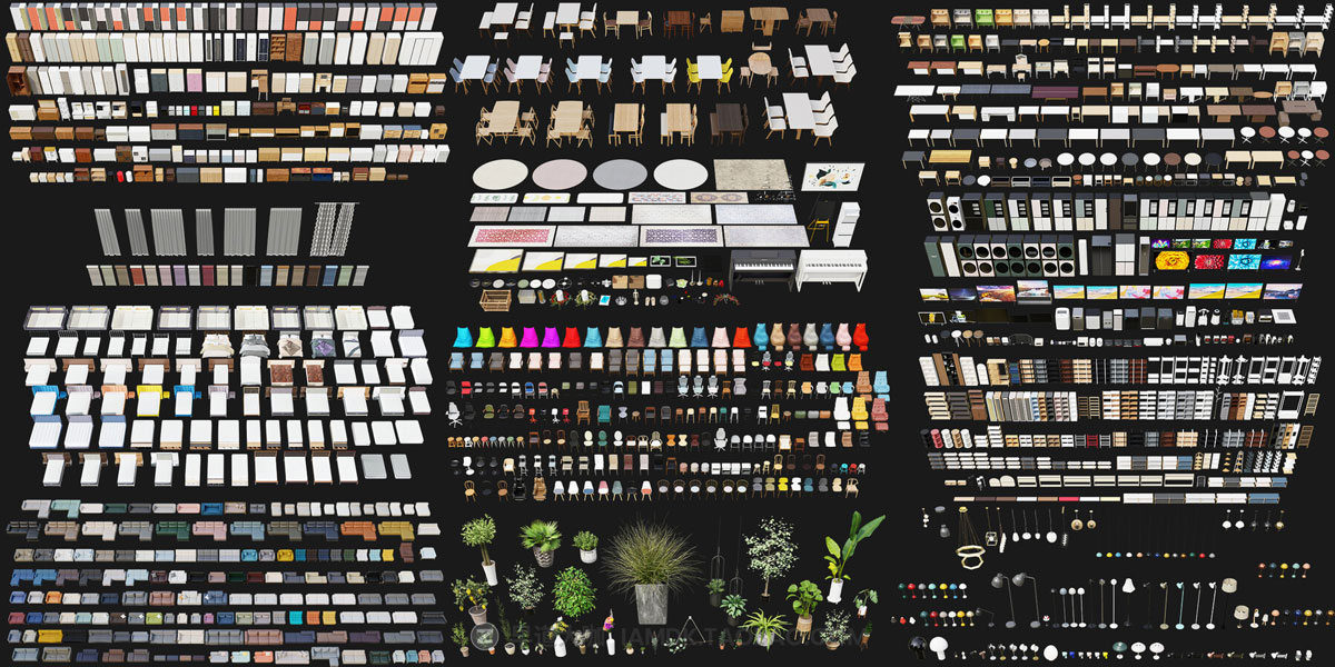 Blender 1322组室内家具床桌椅柜子沙发灯具植物3D模型插件预设 Interior Models VOL 01插图7