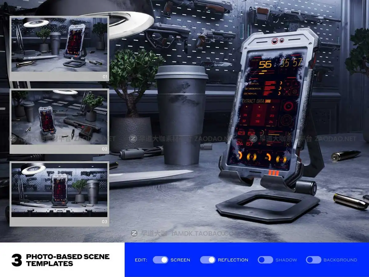 未来科幻赛博朋克末日战场APP界面UI设计Phone手机屏幕展示PSD样机模板 Cyber Mobile Mockups插图