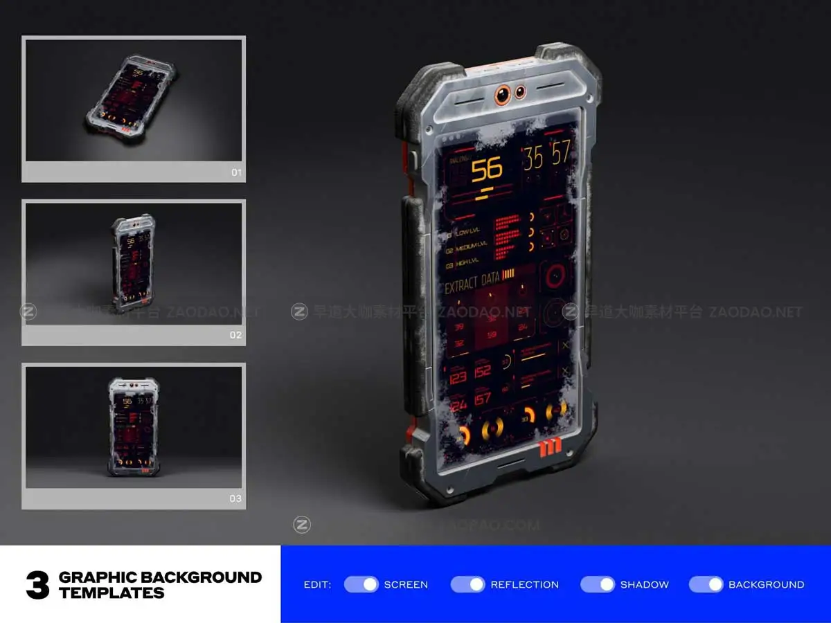 未来科幻赛博朋克末日战场APP界面UI设计Phone手机屏幕展示PSD样机模板 Cyber Mobile Mockups插图1