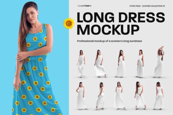 11款逼真女士长款裙子连衣裙印花图案设计PS智能贴图样机效果图模板 11 Women’s Long Dress Mockups