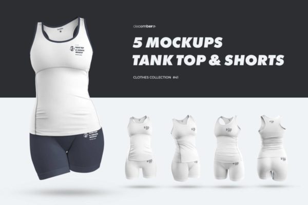 5款时尚女士健身运动紧身衣短裤吊带设计展示贴图PSD样机模板 5 Mockups Tank Top and Shorts